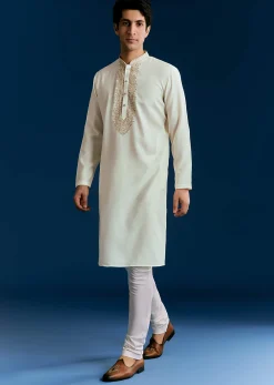 Off White Silk Kurta Set With Thread Embroidery
