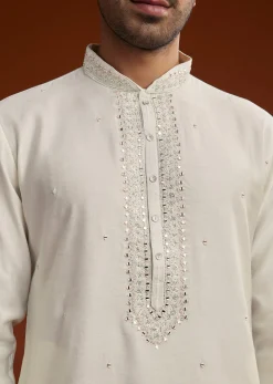 Off White Silk Kurta Set With Mirror Work