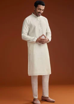 Off White Silk Kurta Set With Mirror Work