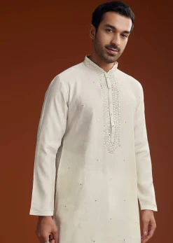 Off White Silk Kurta Set With Mirror Work