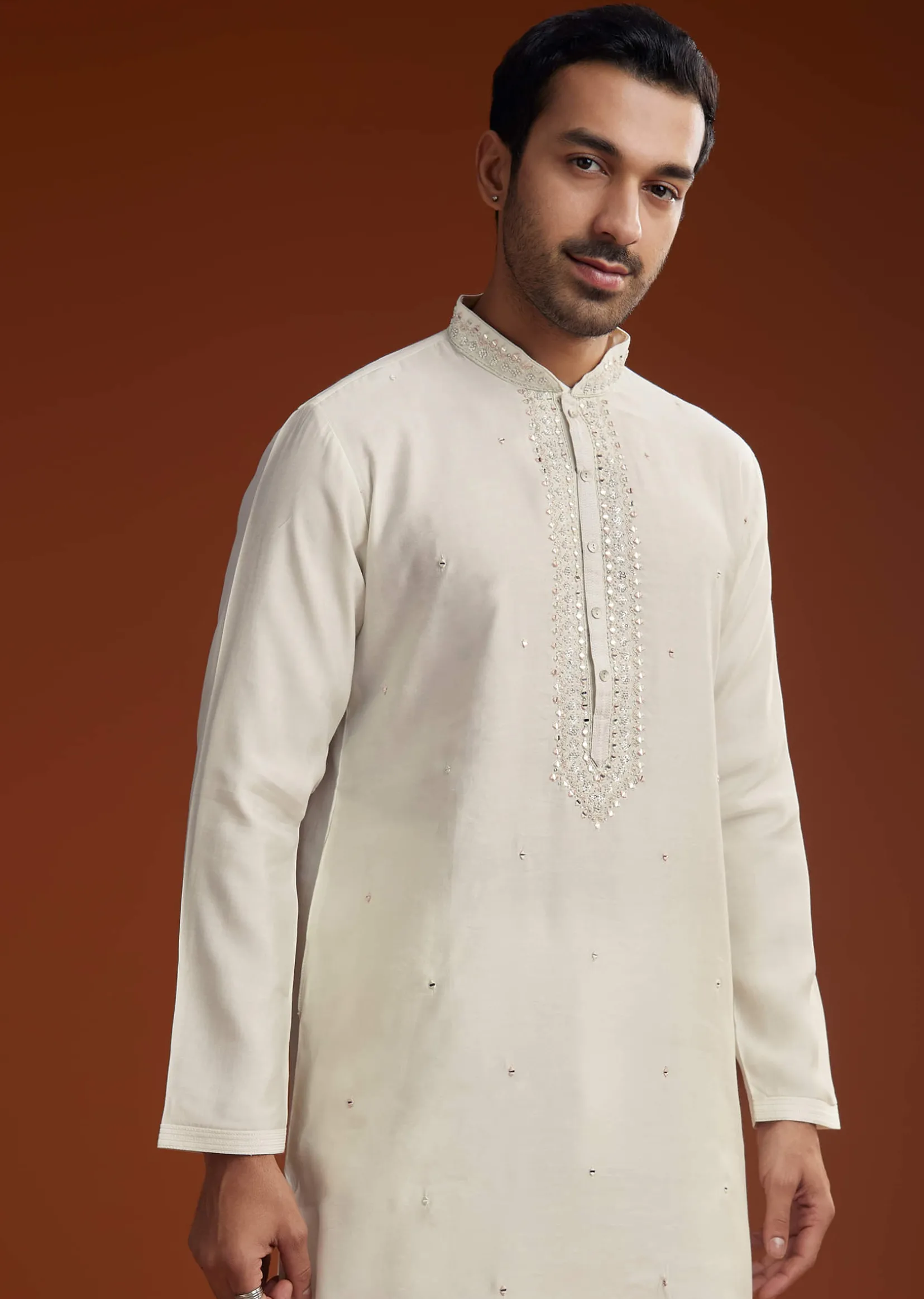 Off White Silk Kurta Set With Mirror Work