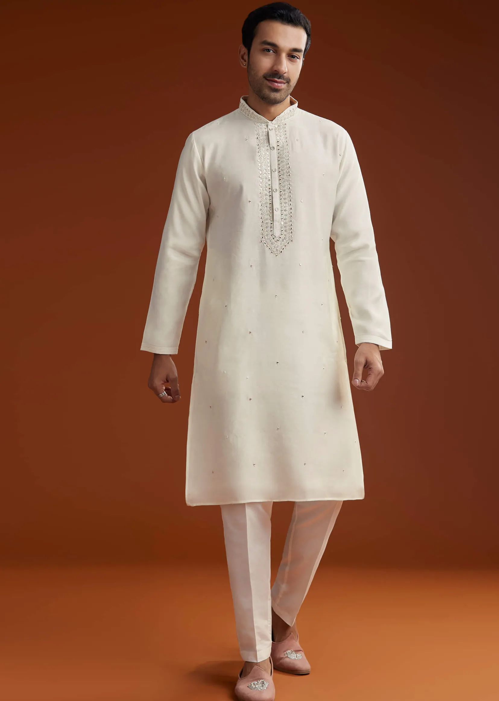 Off White Silk Kurta Set With Mirror Work