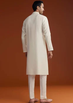 Off White Silk Kurta Set With Mirror Work