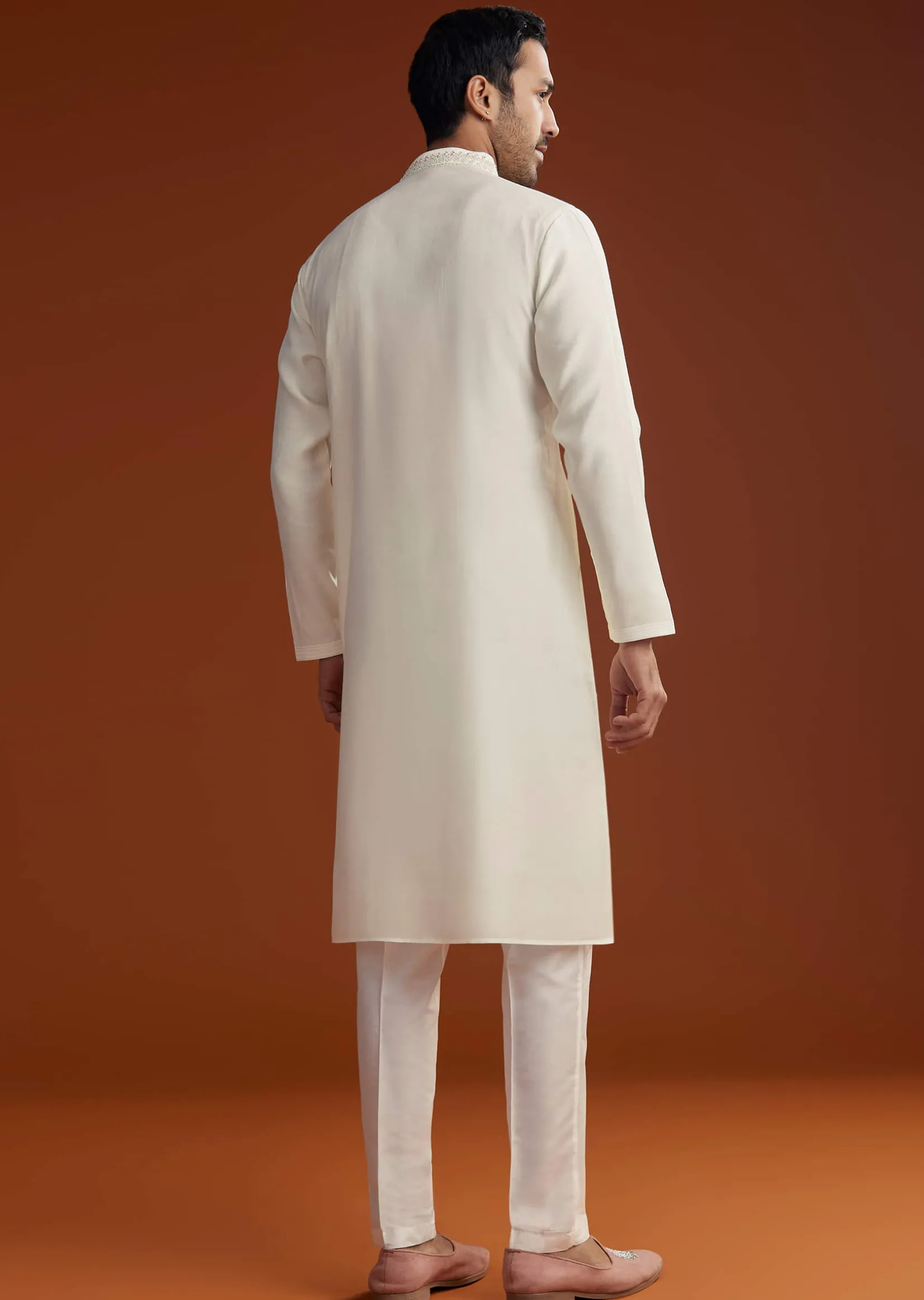 Off White Silk Kurta Set With Mirror Work