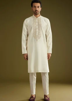 Off White Silk Kurta Set With Embroidered Yoke