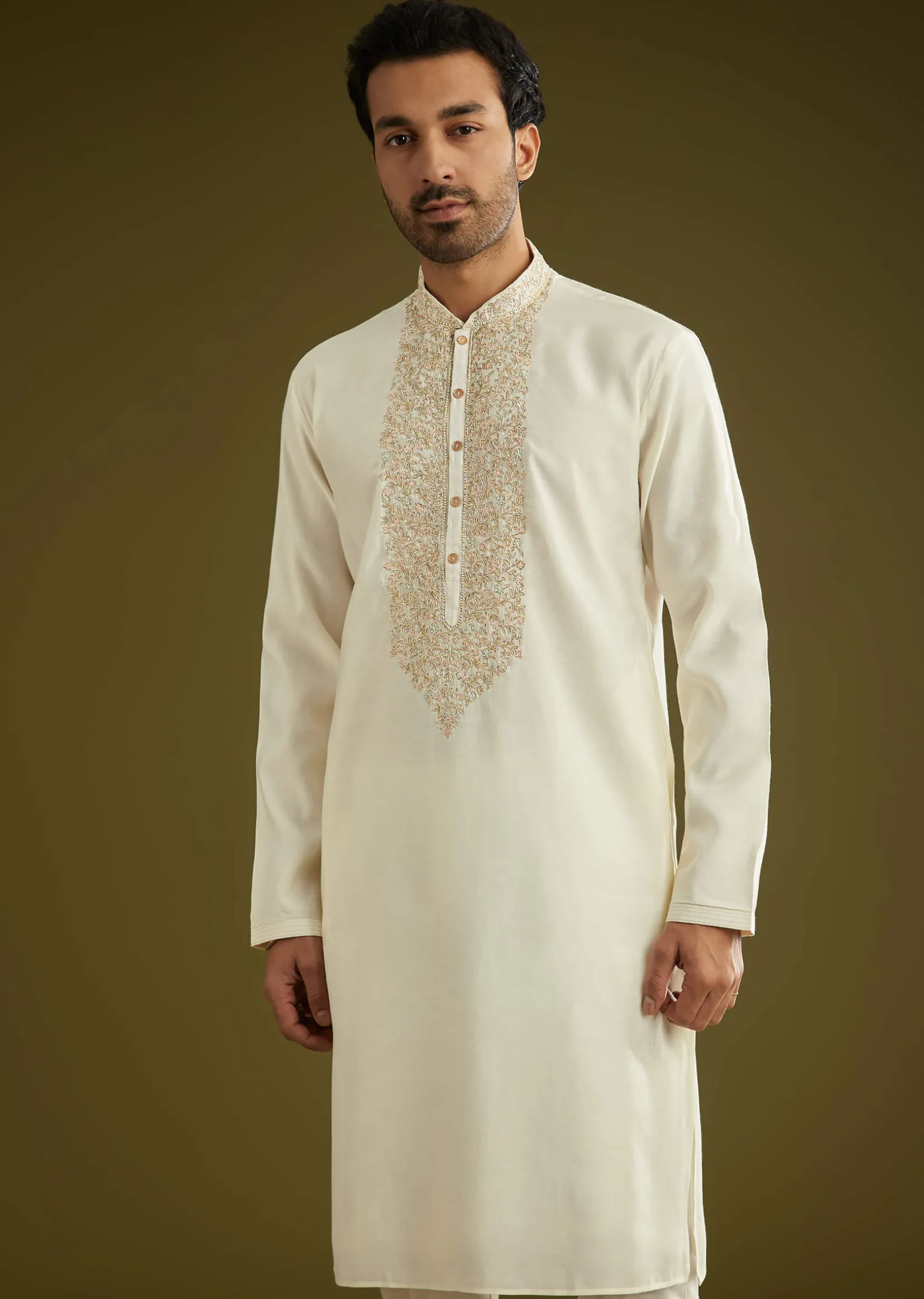Off White Silk Kurta Set With Embroidered Yoke