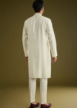 Off White Silk Kurta Set With Embroidered Yoke