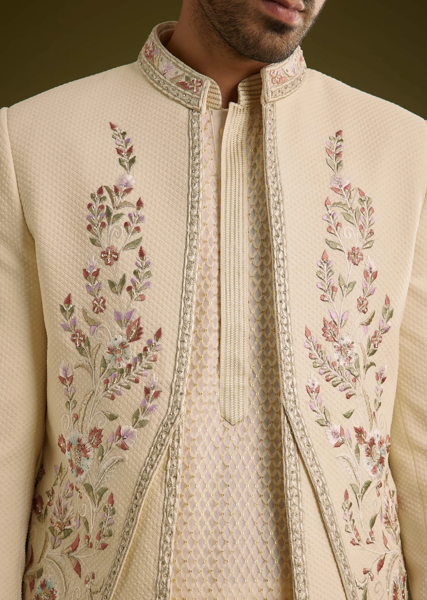Off White Silk Lucknowi Indo Western Set With Resham Threadwork