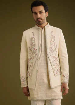 Off White Silk Lucknowi Indo Western Set With Resham Threadwork