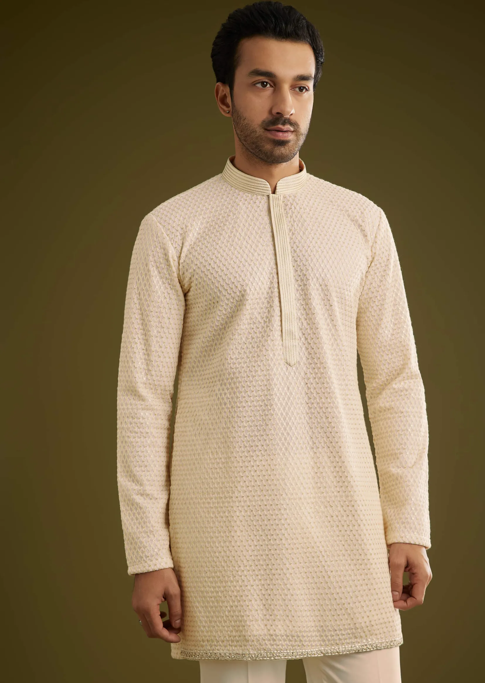 Off White Silk Lucknowi Indo Western Set With Resham Threadwork