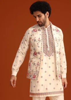 Off White Silk Resham Work Kurta Jacket Set