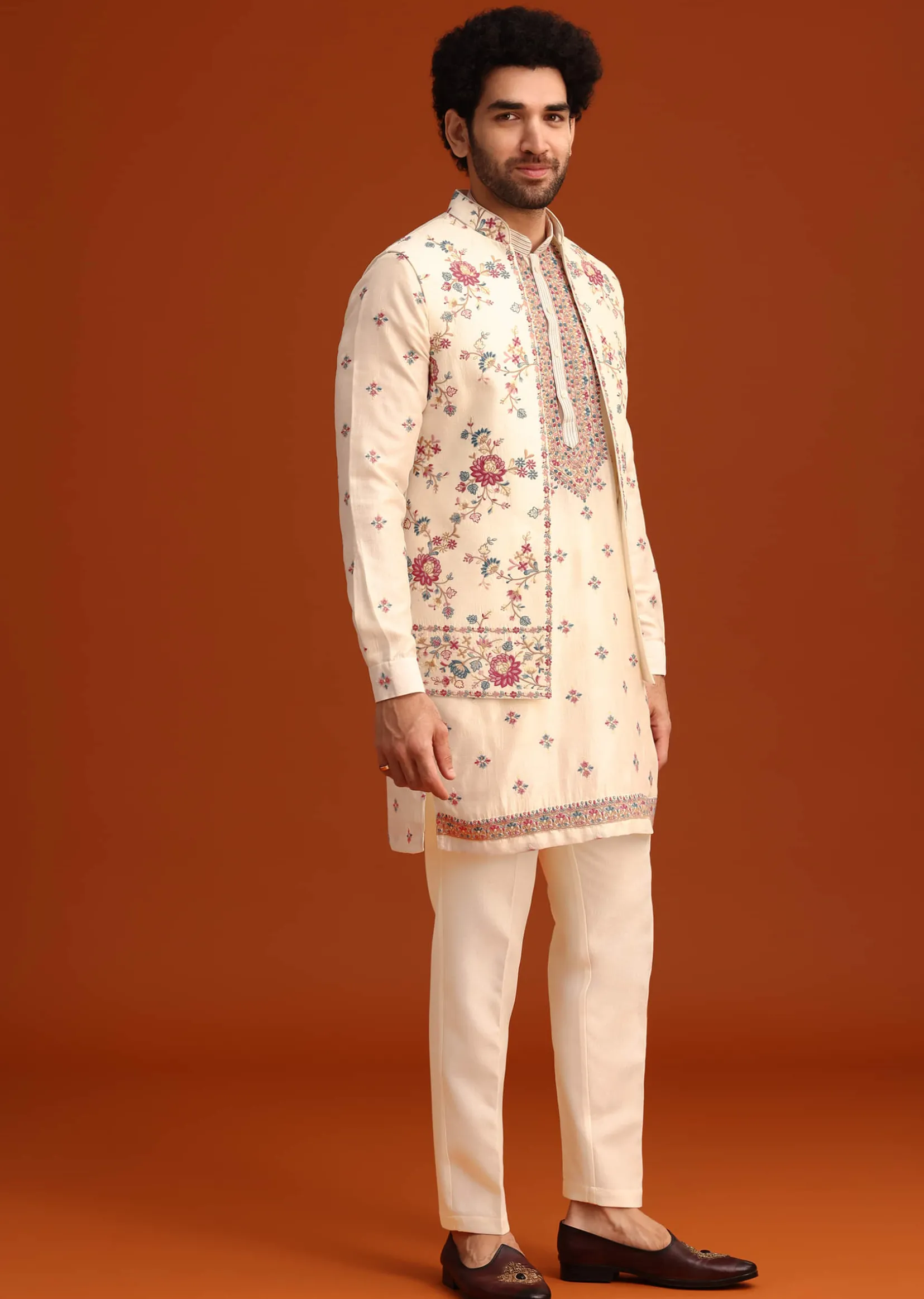 Off White Silk Resham Work Kurta Jacket Set