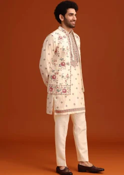 Off White Silk Resham Work Kurta Jacket Set