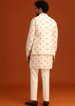 Off White Silk Resham Work Kurta Jacket Set
