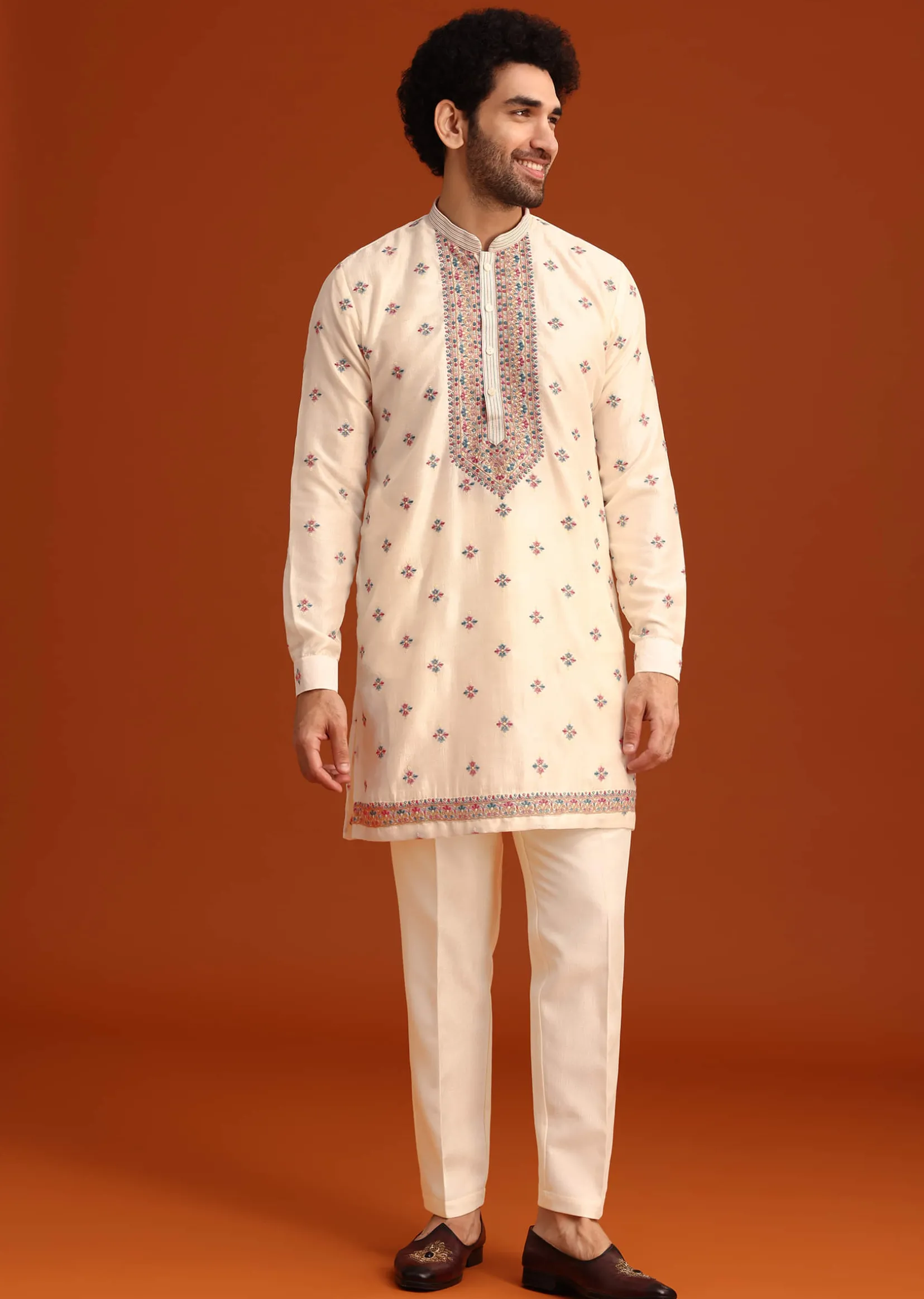 Off White Silk Resham Work Kurta Jacket Set