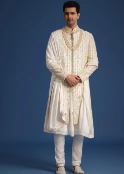 Off White Silk Sherwani Set With Dupatta