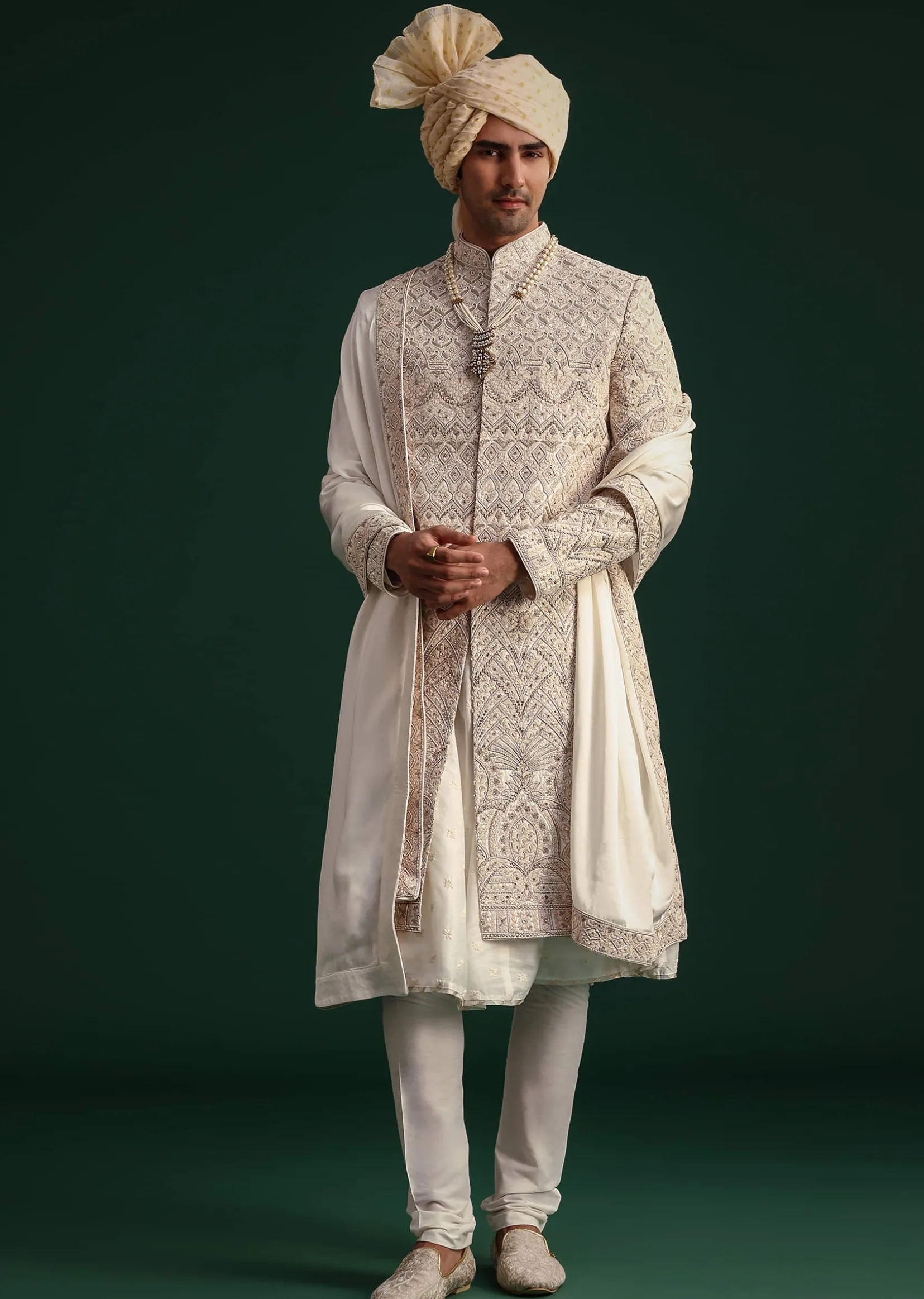 Off White Silk Threadwork Sherwani Suit With Dupatta And Mala
