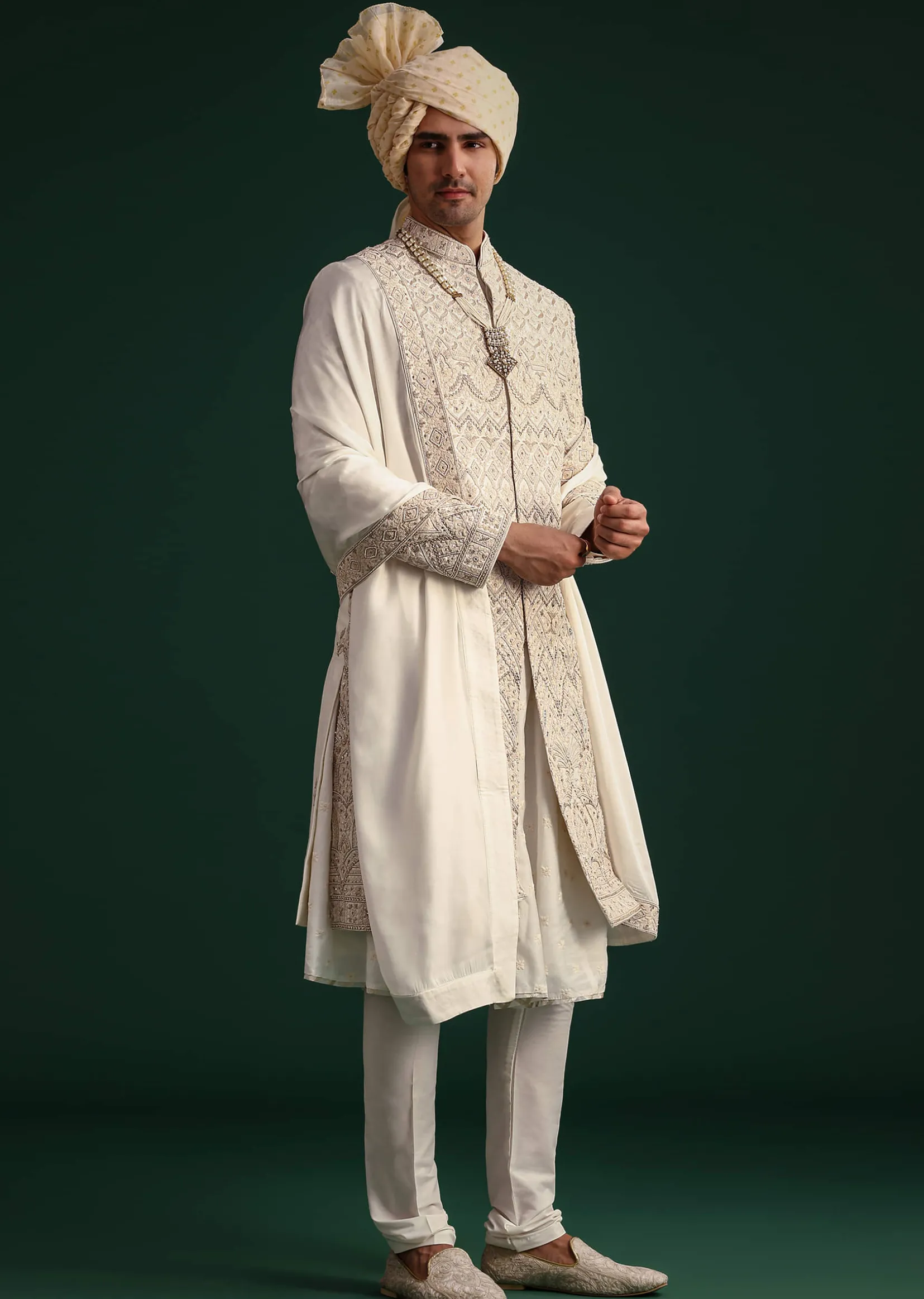 Off White Silk Threadwork Sherwani Suit With Dupatta And Mala