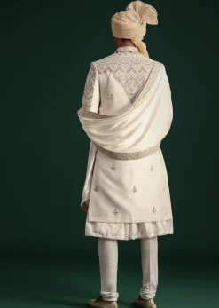 Off White Silk Threadwork Sherwani Suit With Dupatta And Mala