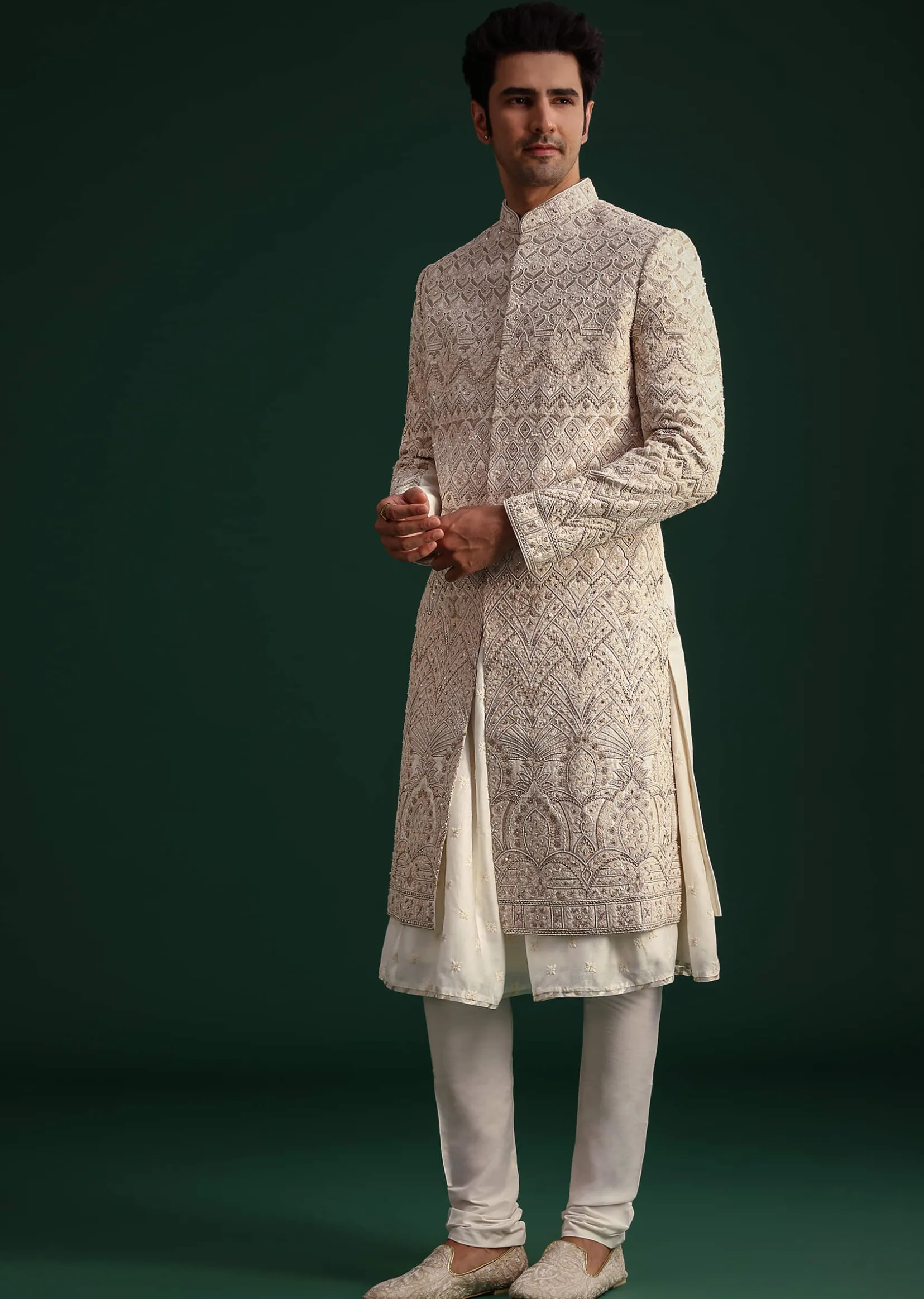 Off White Silk Threadwork Sherwani Suit With Dupatta And Mala