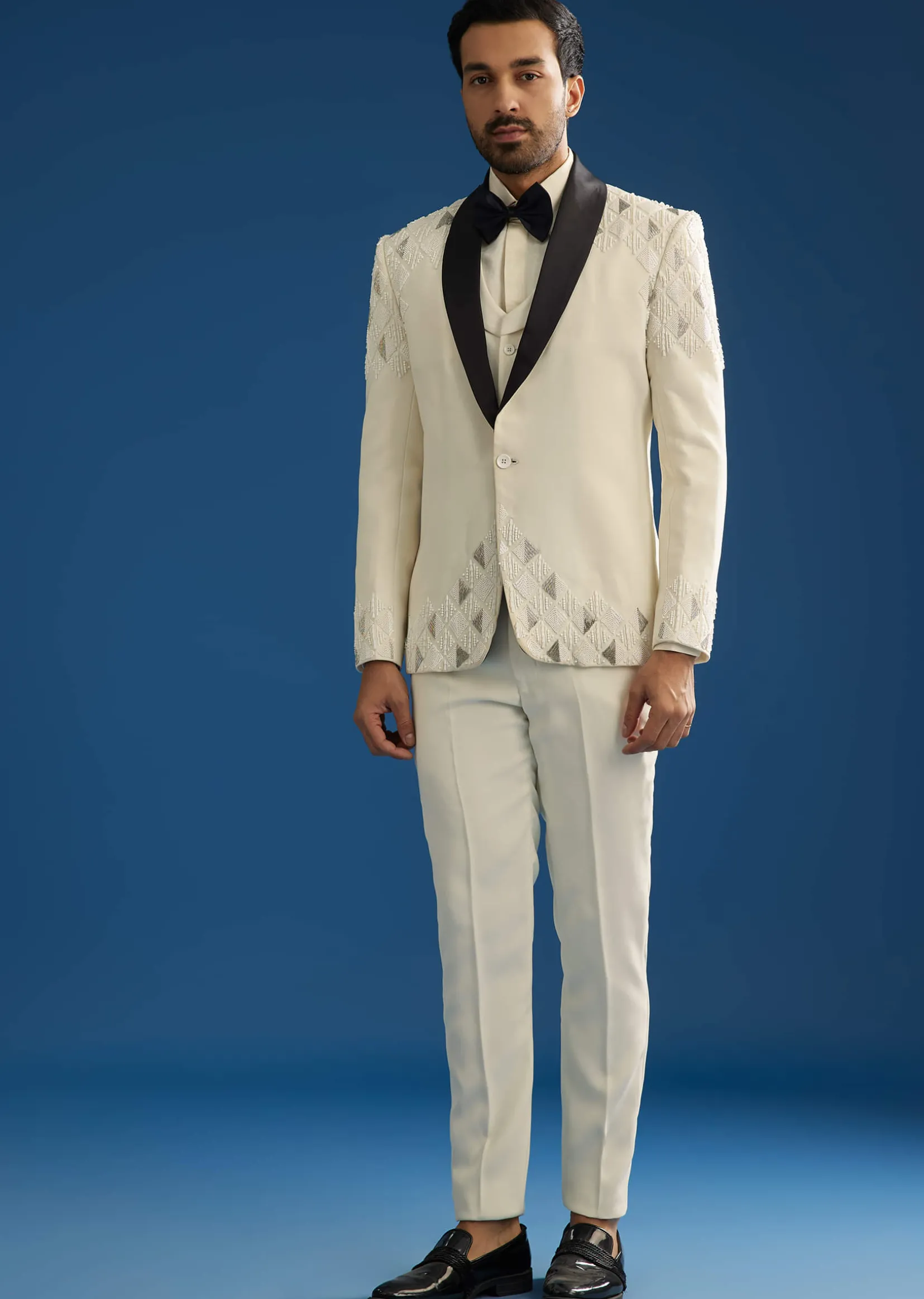 Off White Suiting Blazer Set With Beads And Cutdana Embroidery