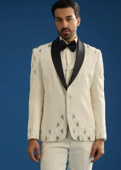 Off White Suiting Blazer Set With Beads And Cutdana Embroidery