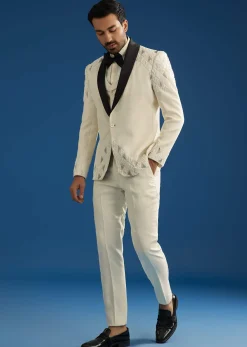 Off White Suiting Blazer Set With Beads And Cutdana Embroidery