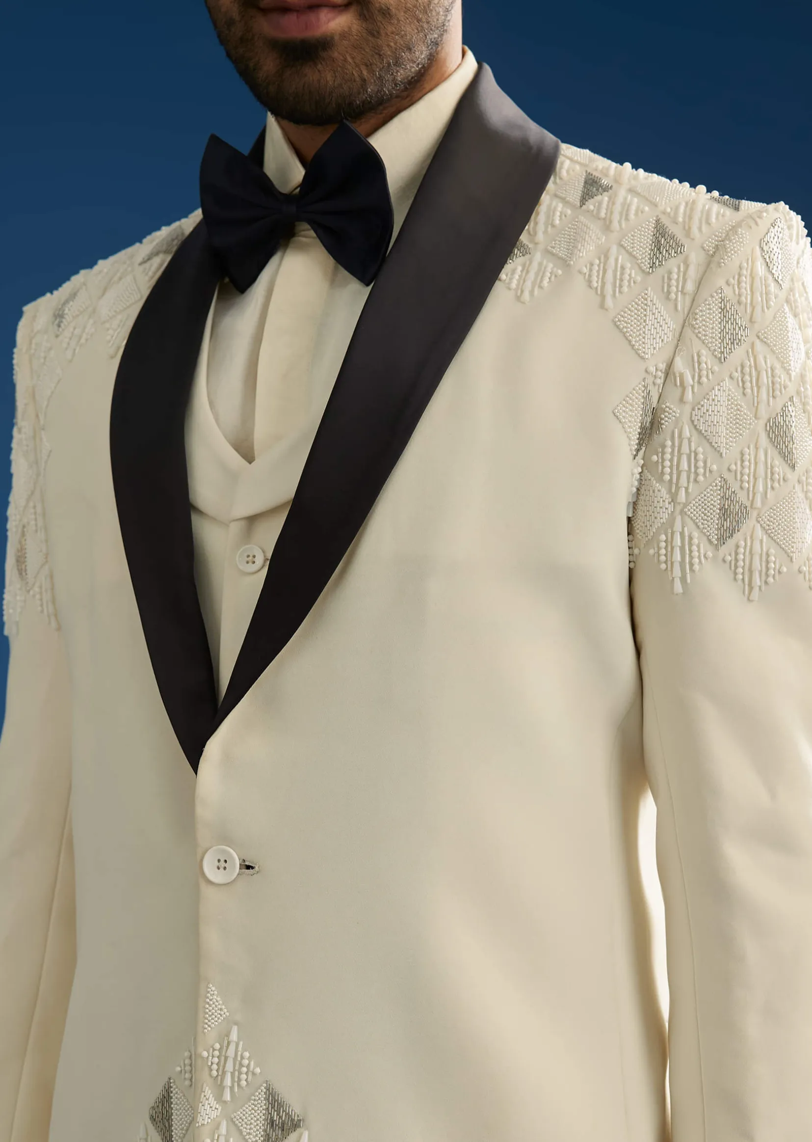 Off White Suiting Blazer Set With Beads And Cutdana Embroidery