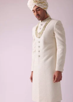 Off White Thread Embroidered Sherwani Set In Georgette