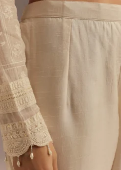Off White Thread Motiwork Chanderi Kurta Dupatta Set