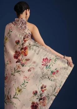 Off White Tissue Muslin Printed Saree With Pitta Work