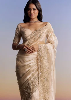 Off White Tissue Saree With Cutdana Floral Embroidery