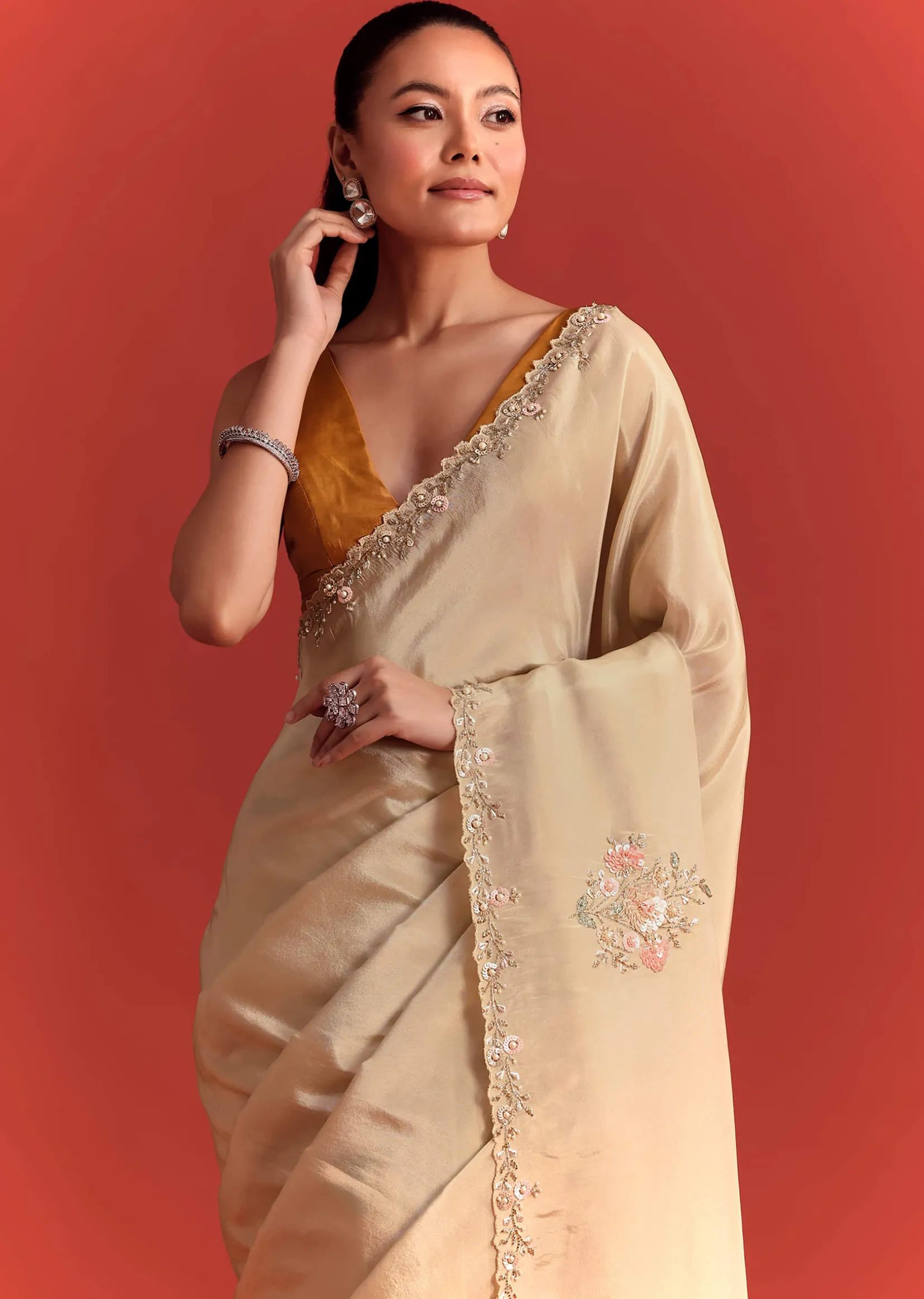 Off White Tissue Saree With Cutdana And Stone Work