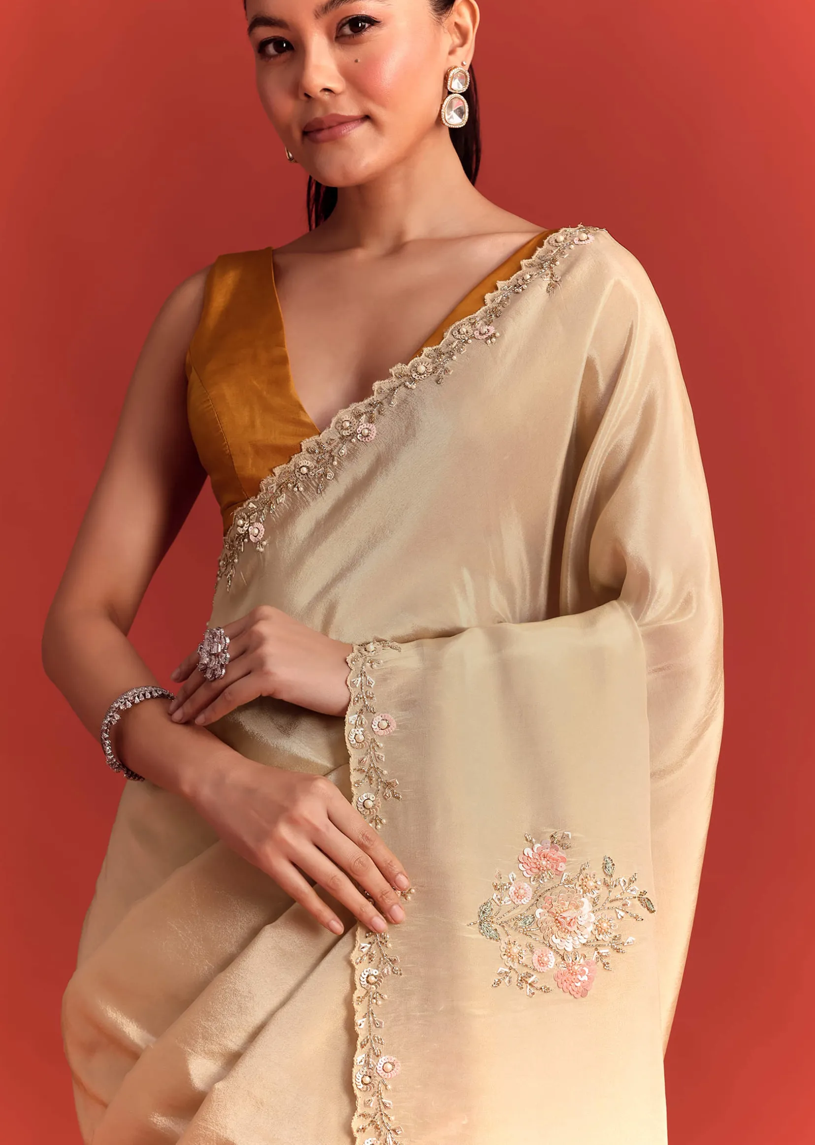 Off White Tissue Saree With Cutdana And Stone Work