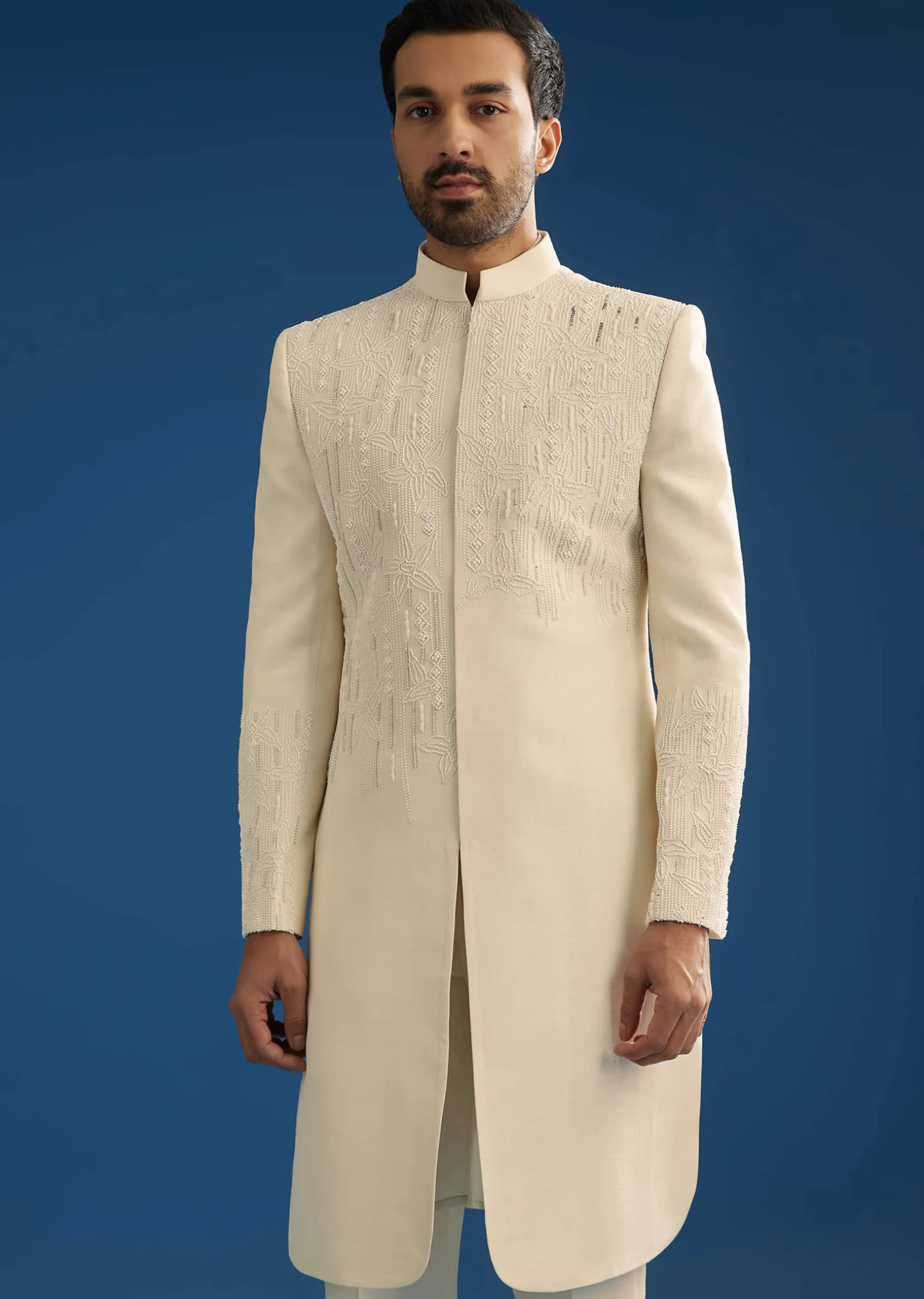 Off White Tussar Groomsman Sherwani Suit With Hand Embroidery