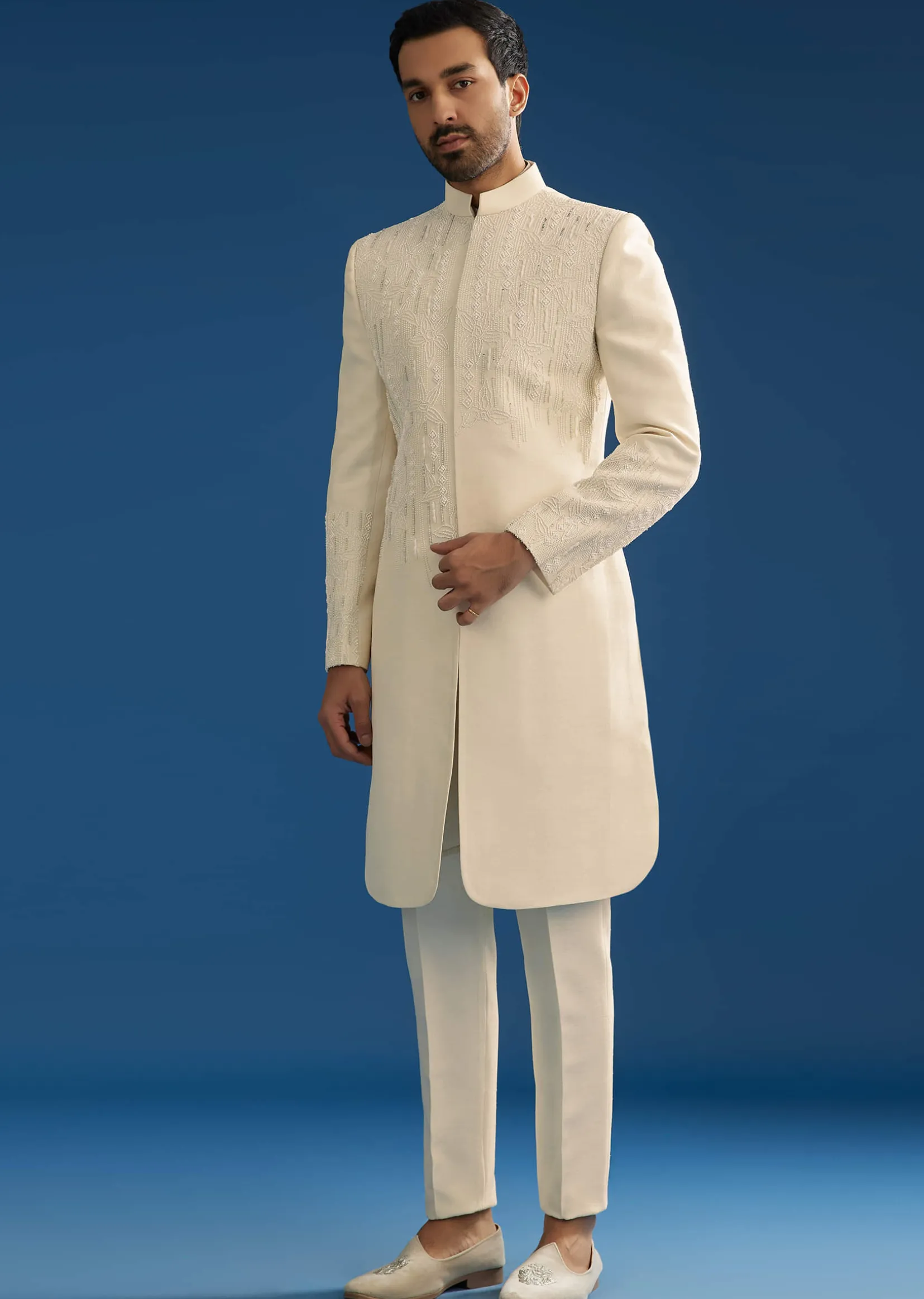 Off White Tussar Groomsman Sherwani Suit With Hand Embroidery