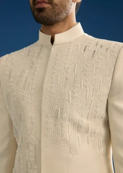 Off White Tussar Groomsman Sherwani Suit With Hand Embroidery