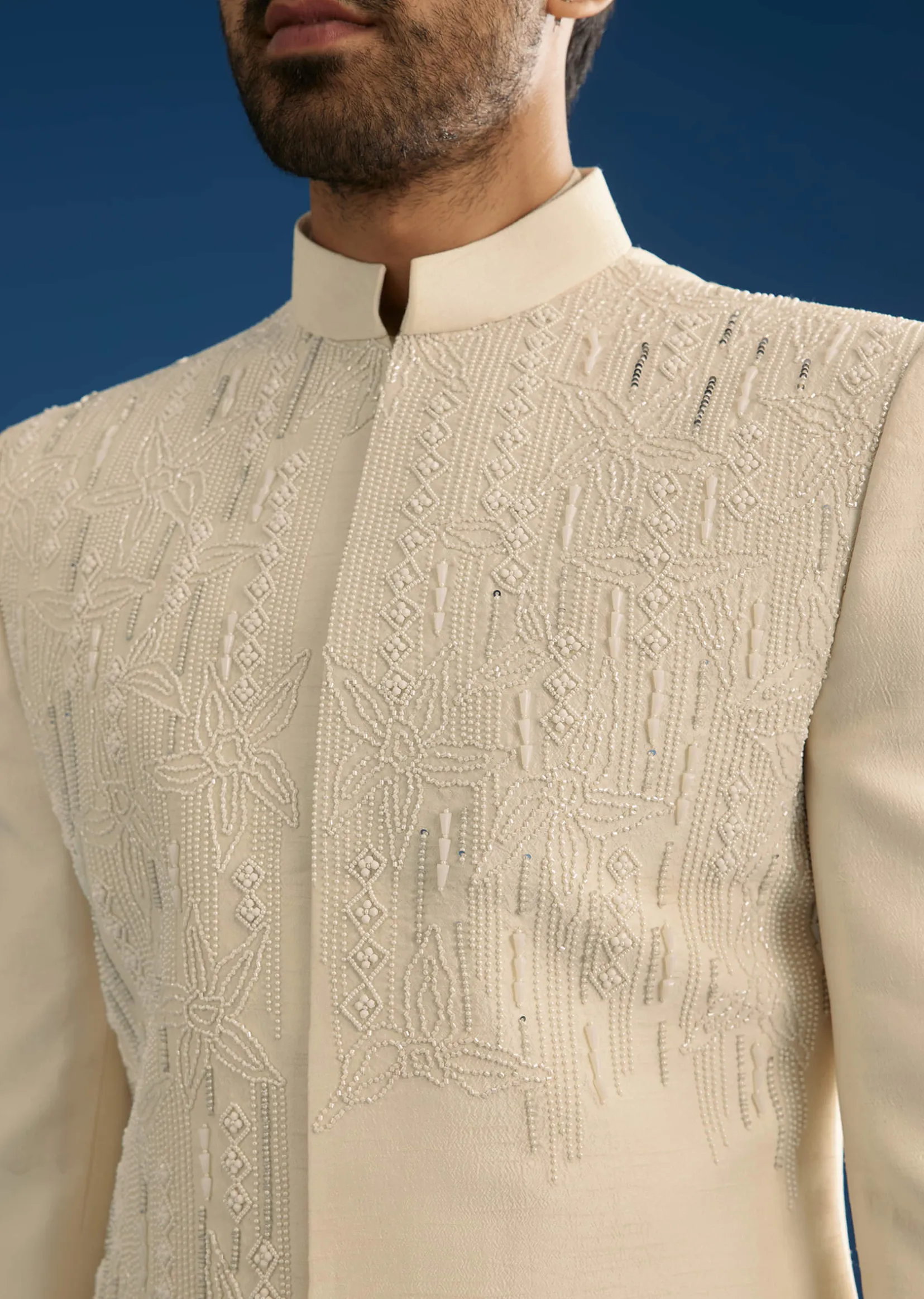 Off White Tussar Groomsman Sherwani Suit With Hand Embroidery