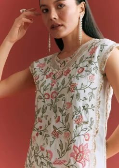 Off White Viscose Silk Short Kurta Set With Resham Work