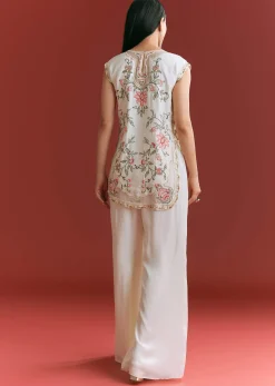 Off White Viscose Silk Short Kurta Set With Resham Work