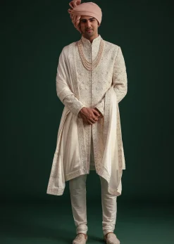 Off White Zari Embroidered Sherwani Set With Mala And Dupatta