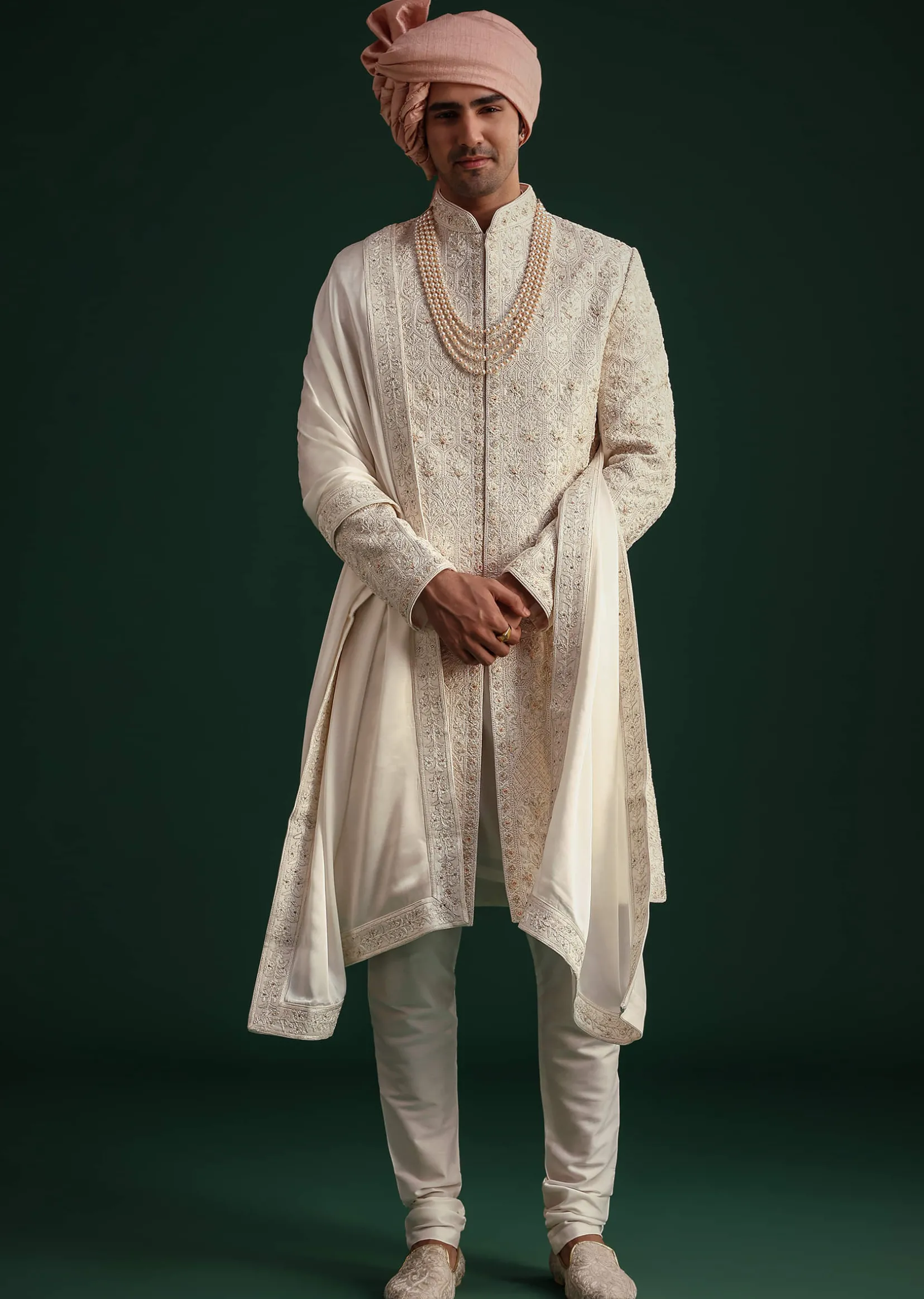 Off White Zari Embroidered Sherwani Set With Mala And Dupatta