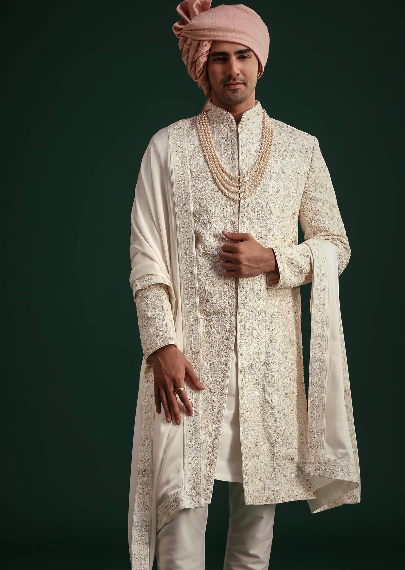 Off White Zari Embroidered Sherwani Set With Mala And Dupatta