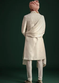 Off White Zari Embroidered Sherwani Set With Mala And Dupatta