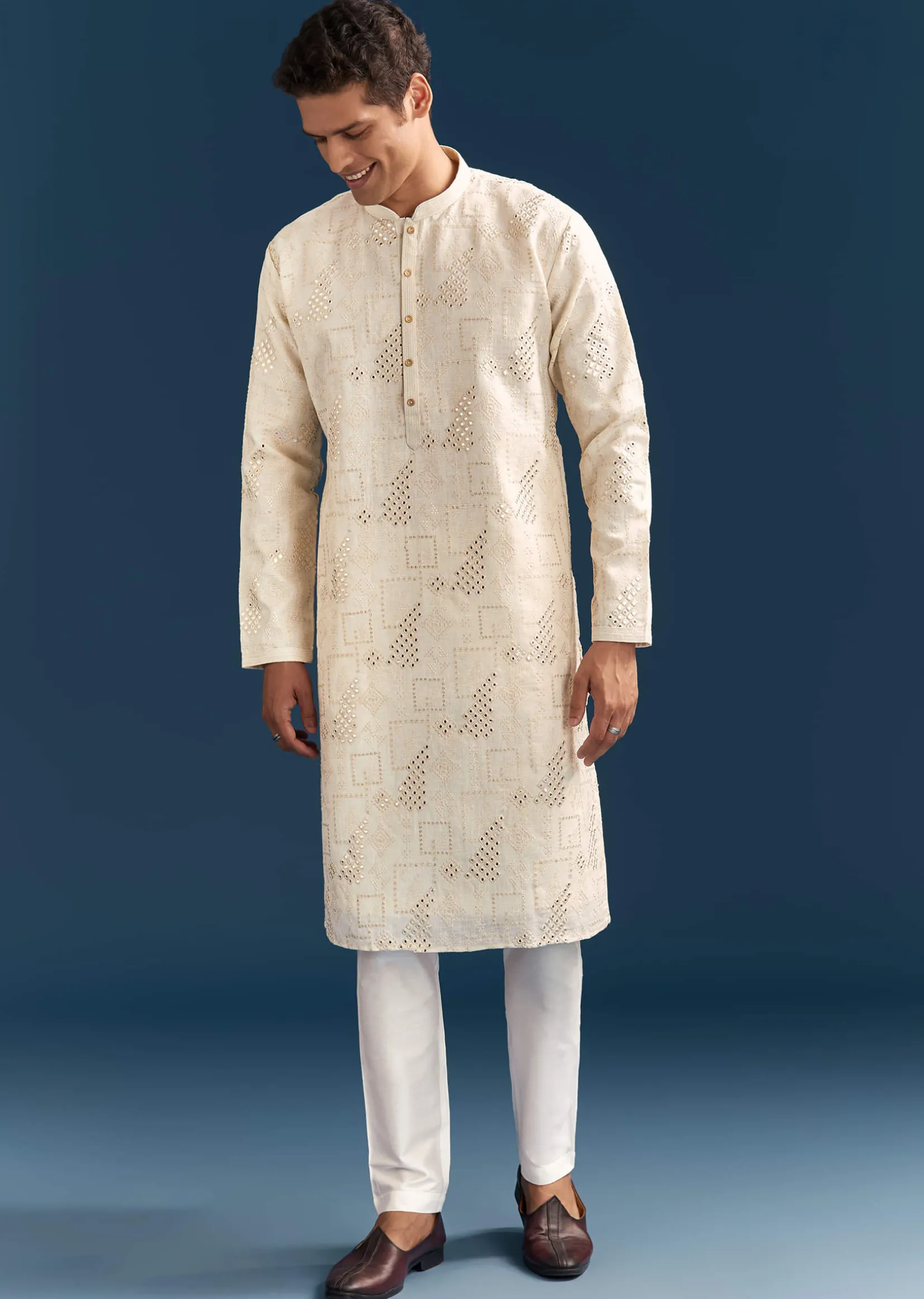 Off-White Linen Kurta Set For Men With Mirror Embroidery