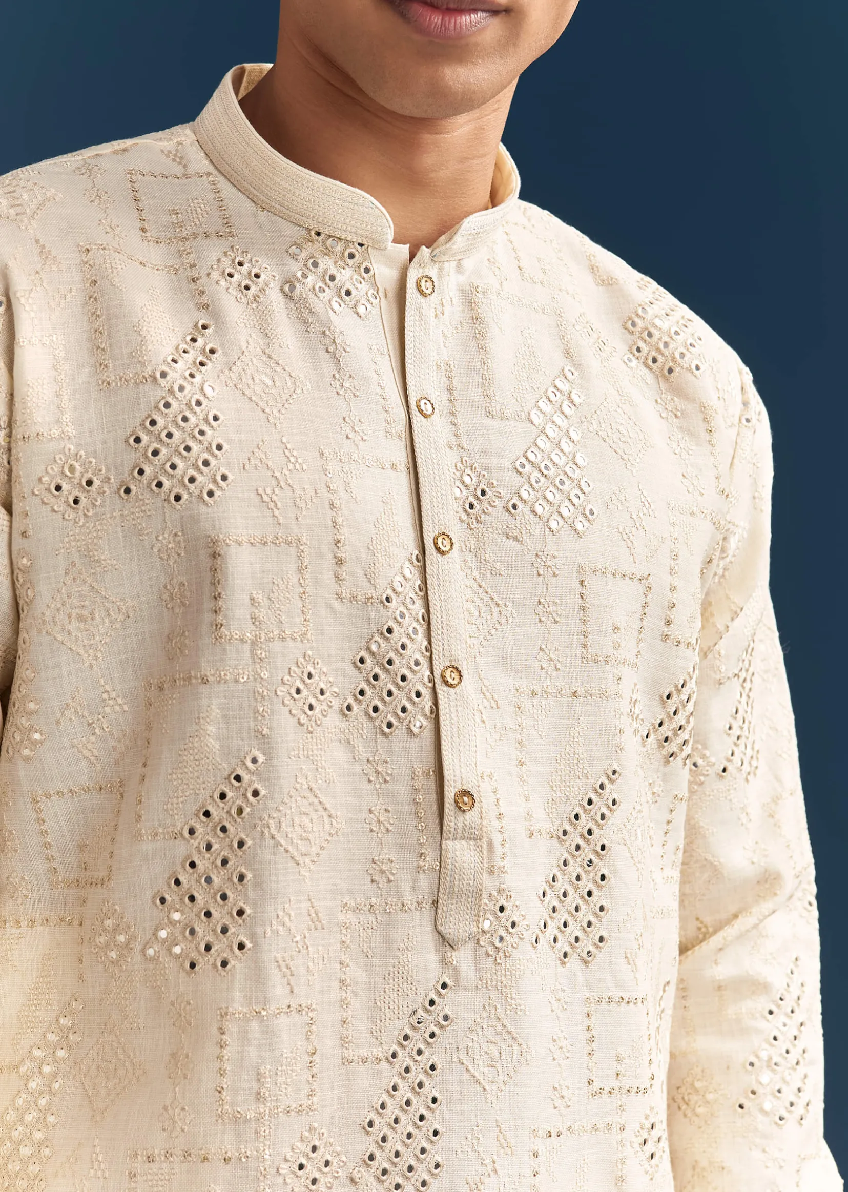 Off-White Linen Kurta Set For Men With Mirror Embroidery
