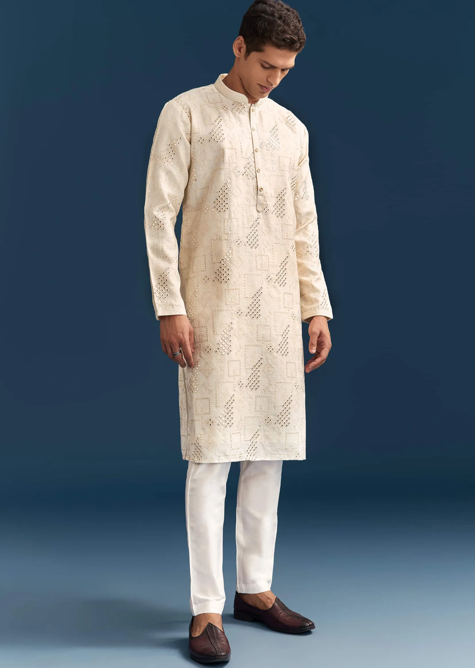 Off-White Linen Kurta Set For Men With Mirror Embroidery