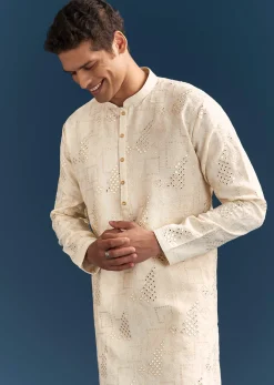 Off-White Linen Kurta Set For Men With Mirror Embroidery