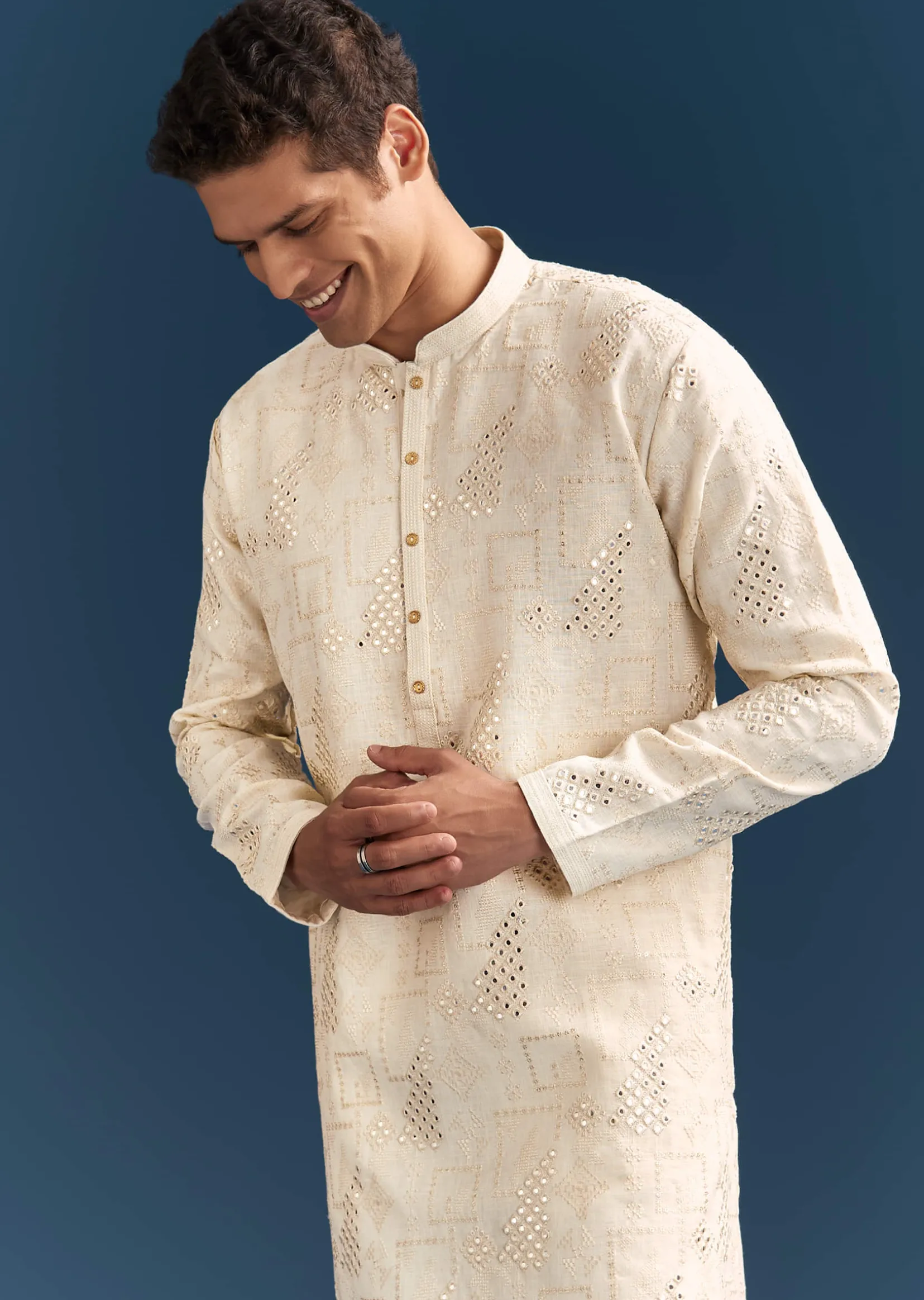 Off-White Linen Kurta Set For Men With Mirror Embroidery