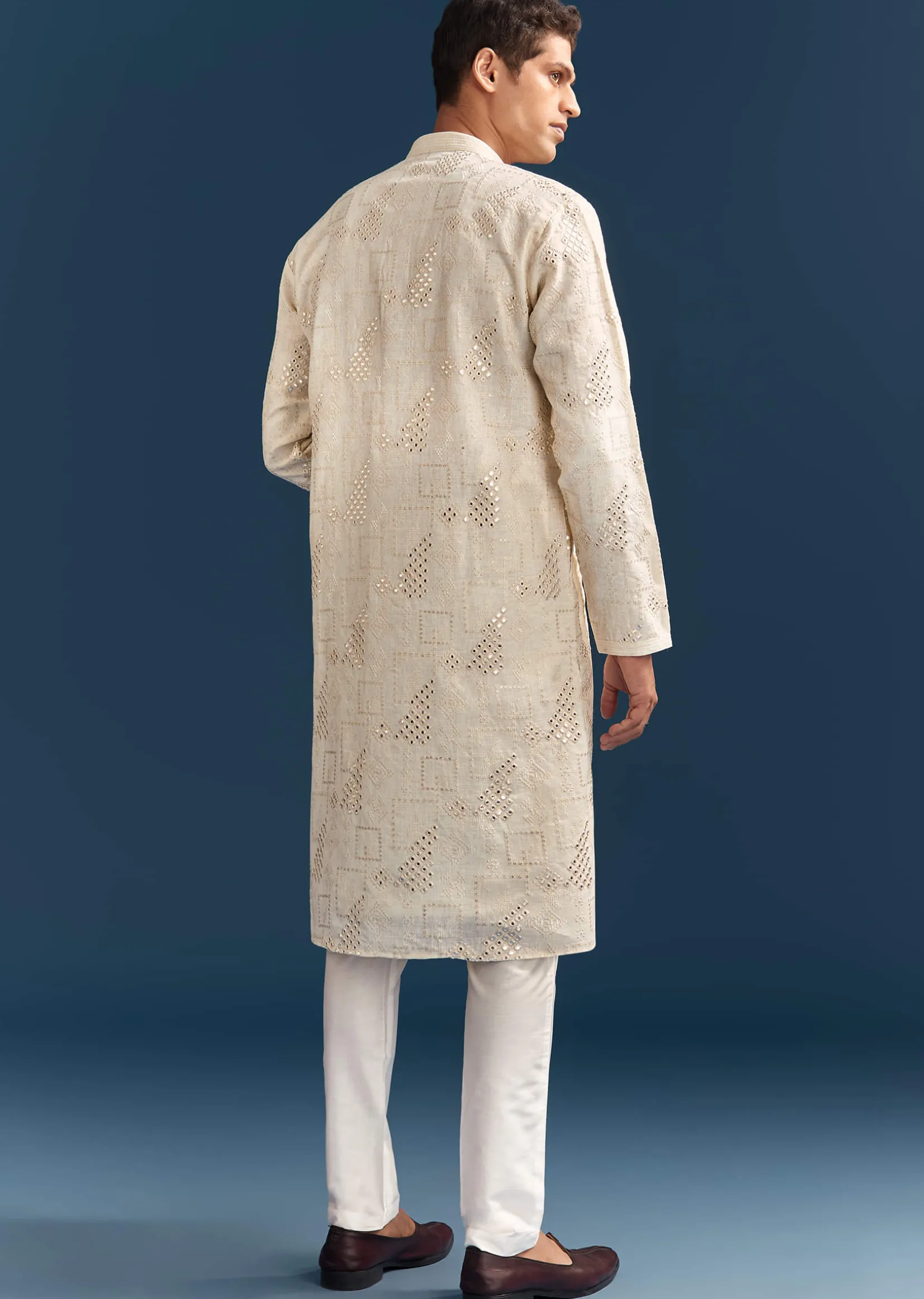 Off-White Linen Kurta Set For Men With Mirror Embroidery